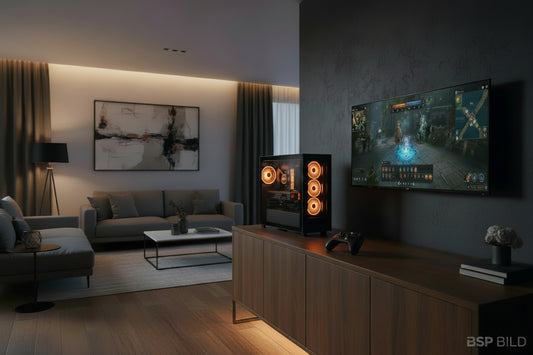 Handgefertigter High-End Gaming PC Z20 Sentinel von used2play in Schwarz-Orange, montiert in Zollikon Schweiz.